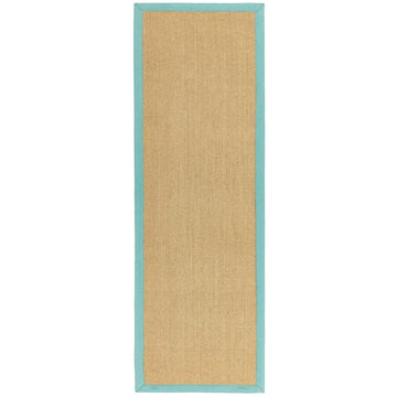 Sisal Modern Plain Cotton Border Natural-Fibre Ribbed Textured Flatweave Natural/Aqua Blue Runner-Asiatic Carpets-Rug Love - The Most Loved Rug Store